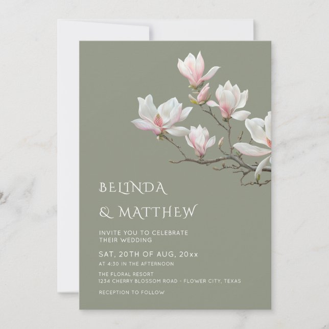 Fine Art Magnolia Casual Sage Green Wedding Invitation (Front)