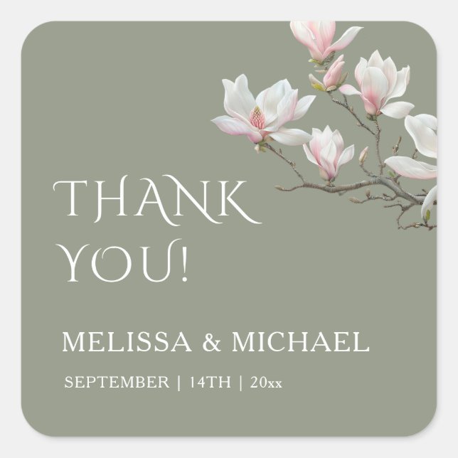 Fine Art Magnolia Wedding Thank You Square Sticker (Front)