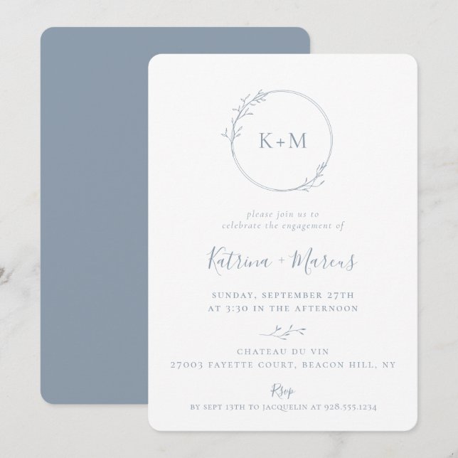 Fine Art Monogram Dusty Blue Engagement Party Invitation (Front/Back)