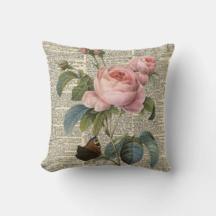 Fine art pink rose and vintage dictionary throw pillow
