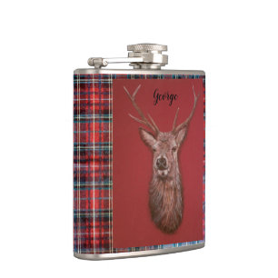 Fine Art red Deer Stag, Tartan Vinyl Wrapped Flask