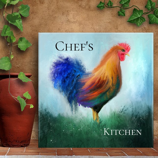 Fine Art Rooster Painting Kitchen Tile (Kitchen tile featuring a colorful fine art painting of a rooster)