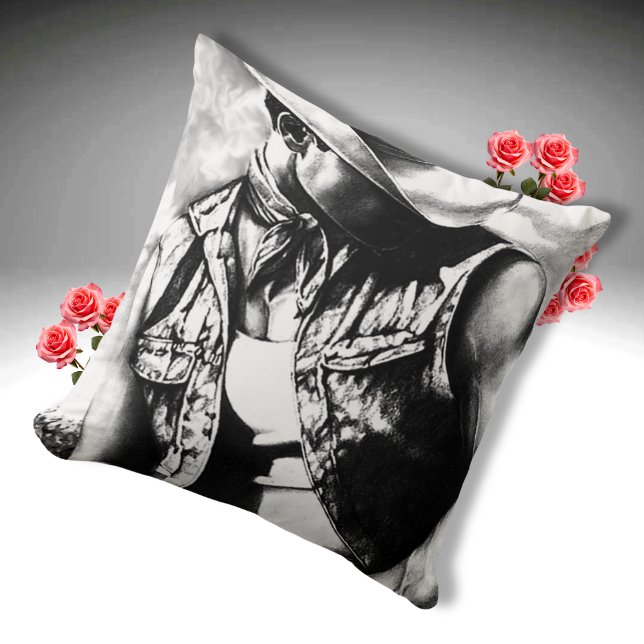 Fine Art Sketch of a Cowboy Bracing in the Wind on Throw Pillow (Requires a bit of looking to see the picture but that is part of the effect. Looks Great stacked.)