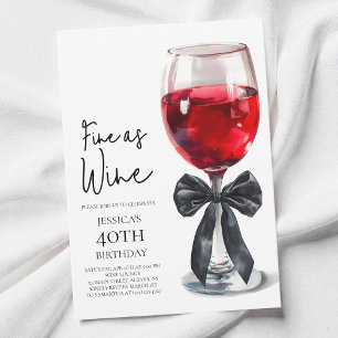 Fine as Wine Elegant Black Bow 40th Birthday Party Invitation