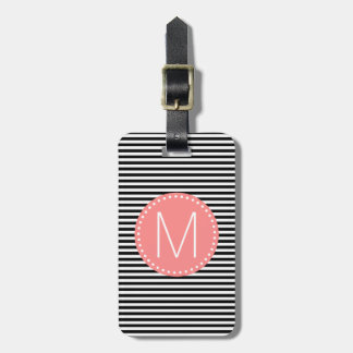 Fine Black Stripe with Coral Monogram Luggage Tag
