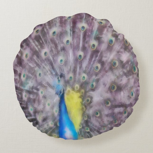 Fine Feather Peacock Mating Plumage Round Pillow (Back)
