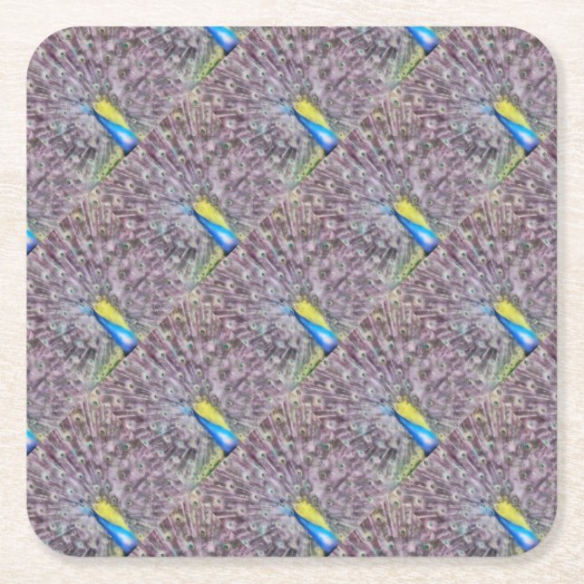 Fine Feather Peacock Mating Plumage Square Paper Coaster (Front)