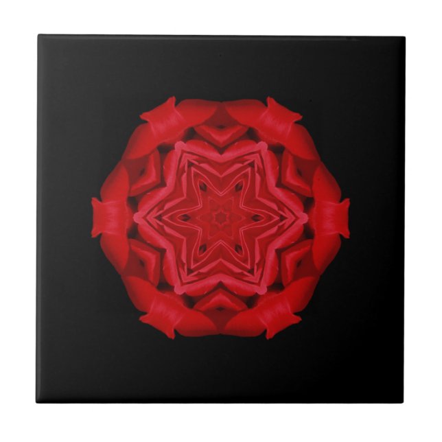 Fine geometric art scarlet red star flower black tile (Front)