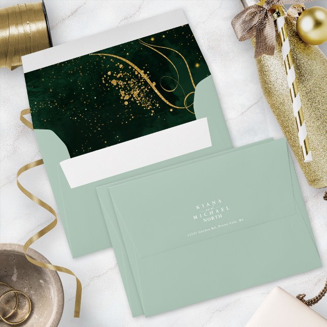 Fine Gold Lines Abstract Wedding V1 Emerald ID867 Envelope (Interior/Back In Situ)
