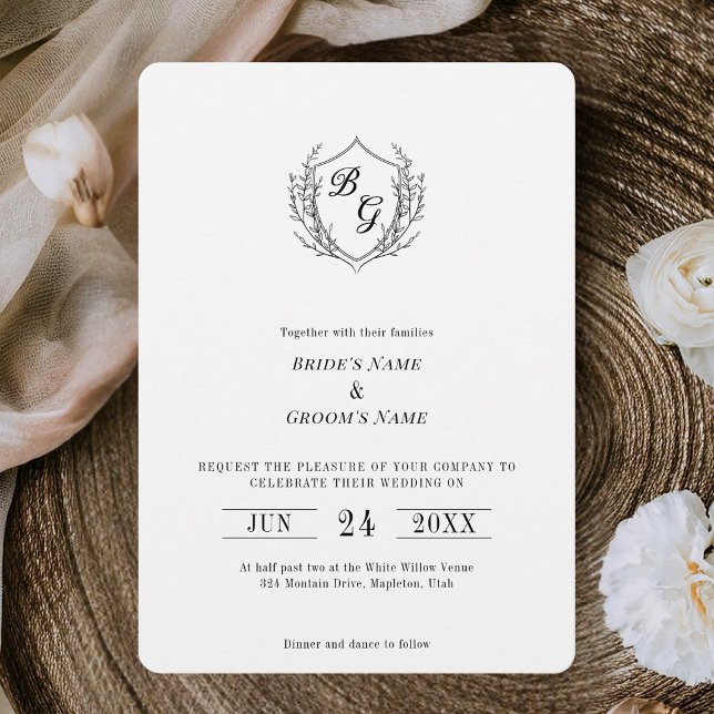 Fine-line classic Vintage Crest monogram wedding Invitation (Creator Uploaded)