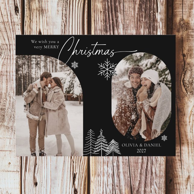 Fine line pine tree arched 2 photo black christmas holiday postcard (Creator Uploaded)