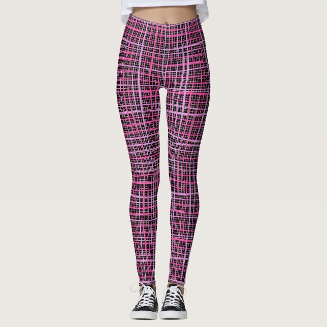Fine lines Chequered pattern C09.pink on Black BG Leggings (Front)