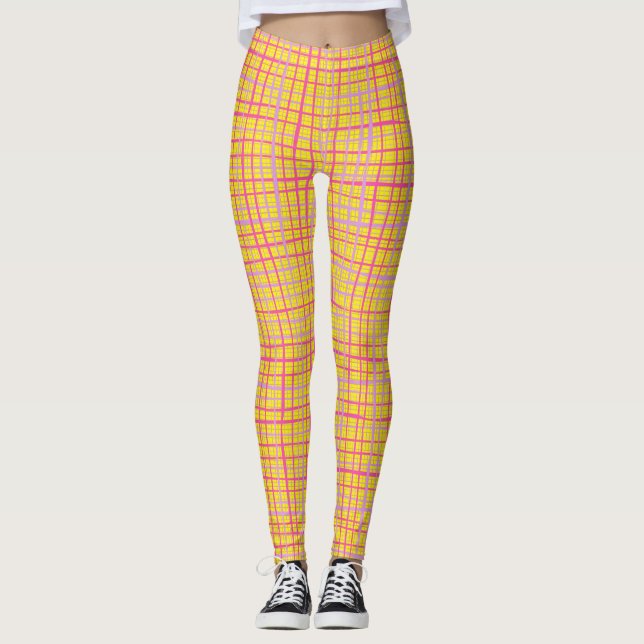 Fine lines Chequered pattern C09.pink on BYellow Leggings (Front)