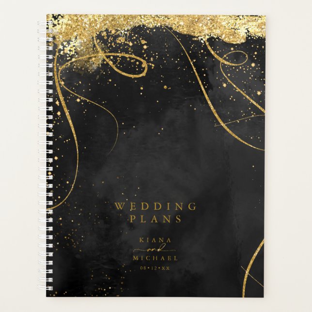 Fine Lines Gold Abstract Wedding Black ID867 Planner (Front)