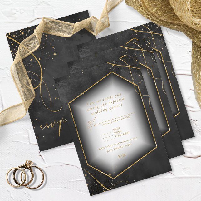Fine Lines Gold Abstract Wedding Black ID867 RSVP Card (Creator Uploaded)