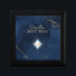 Fine Lines Gold Abstract Wedding Navy Blue ID867 Gift Box<br><div class="desc">A watercolor background in shades from royal blue to navy is topped by an abstract of fine gold lines and glittering lighting effects to create the pieces of this beautiful wedding suite. The wedding gift keepsake box shown here also features a gradient, diamond-shaped frame to hold the bride and groom's...</div>