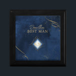 Fine Lines Gold Abstract Wedding Navy Blue ID867 Gift Box<br><div class="desc">A watercolor background in shades from royal blue to navy is topped by an abstract of fine gold lines and glittering lighting effects to create the pieces of this beautiful wedding suite. The wedding gift keepsake box shown here also features a gradient, diamond-shaped frame to hold the bride and groom's...</div>