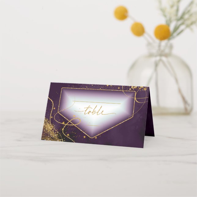 Fine Lines Gold Abstract Wedding Table Plum ID867 Place Card (Front)