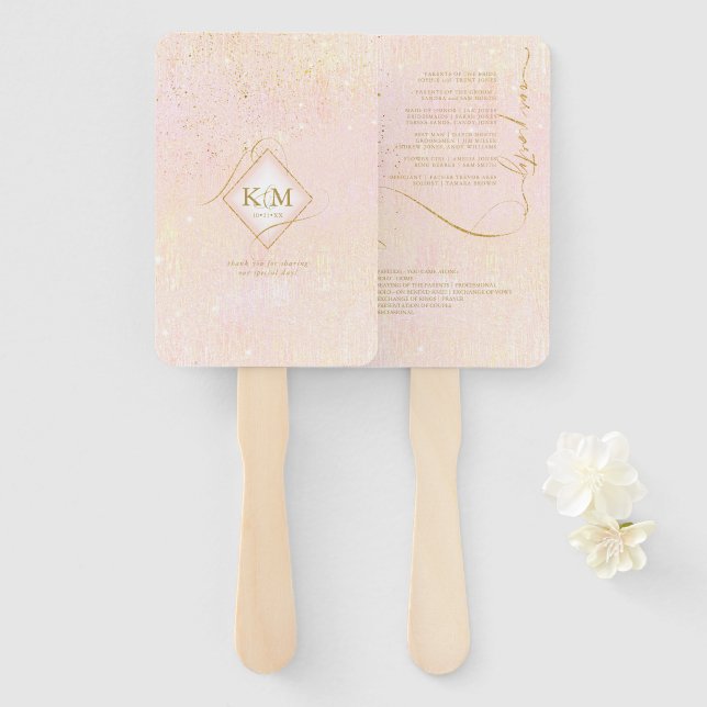 Fine Lines Gold Abstract Wedding V1 Blush ID867 Hand Fan (Front and Back)
