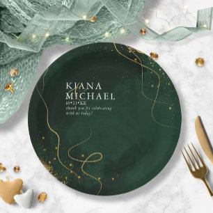 Fine Lines Gold Abstract Wedding V1 Emerald ID867 Paper Plate