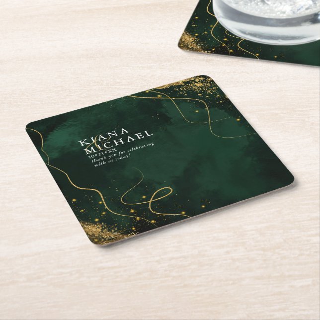 Fine Lines Gold Abstract Wedding V1 Emerald ID867 Square Paper Coaster (Angled)