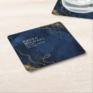 Fine Lines Gold Abstract Wedding V1 Navy ID867  Square Paper Coaster