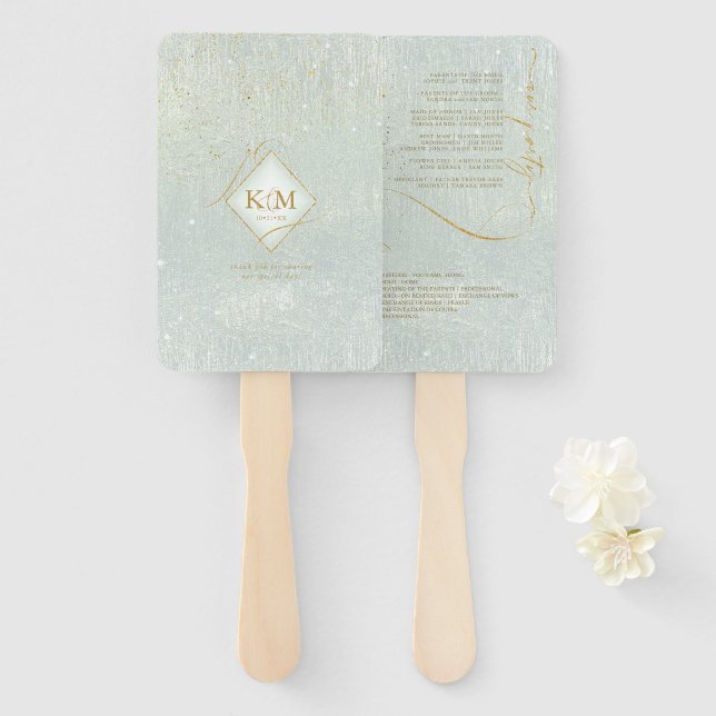 Fine Lines Gold Abstract Wedding V1 Sage ID867 Hand Fan (Front and Back)
