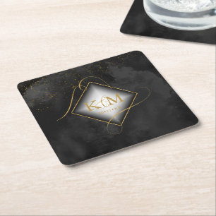 Fine Lines Gold Abstract Wedding V2 Black ID867 Square Paper Coaster