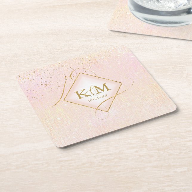 Fine Lines Gold Abstract Wedding V2 Blush ID867 Square Paper Coaster (Angled)