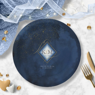 Fine Lines Gold Abstract Wedding V2 Navy ID867 Paper Plate