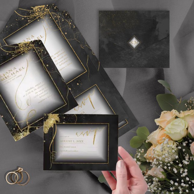 Fine Lines Gold Abstract Wedding V3 Black ID867 All In One Invitation (Creator Uploaded)