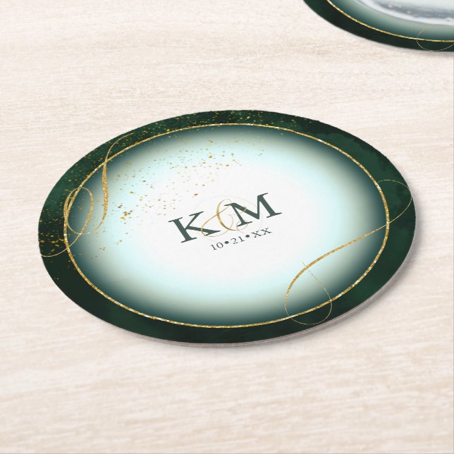 Fine Lines Gold Abstract Wedding V3 Emerald ID867  Round Paper Coaster (Angled)