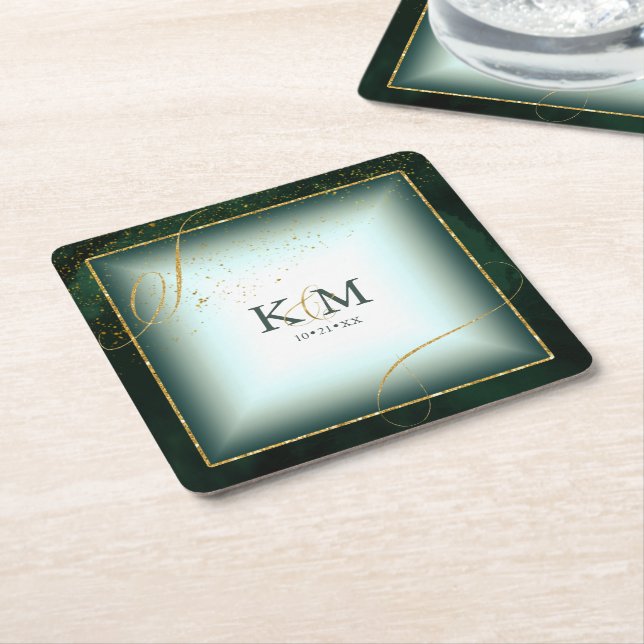 Fine Lines Gold Abstract Wedding V3 Emerald ID867 Square Paper Coaster (Angled)