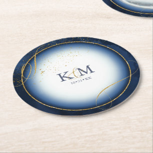 Fine Lines Gold Abstract Wedding V3 Navy ID867 Round Paper Coaster