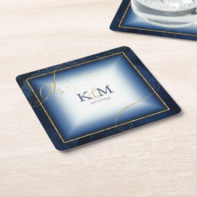 Fine Lines Gold Abstract Wedding V3 Navy ID867 Square Paper Coaster (Angled)