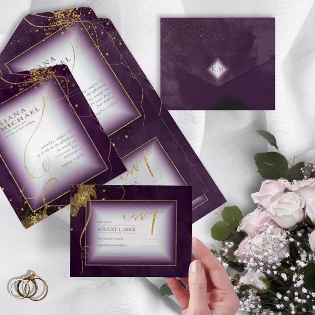 Fine Lines Gold Abstract Wedding V3 Plum ID867 All In One Invitation (Creator Uploaded)