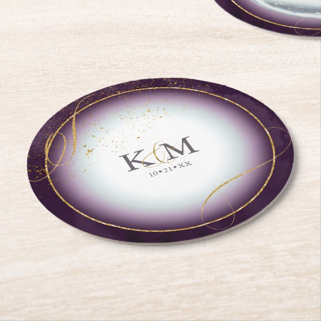 Fine Lines Gold Abstract Wedding V3 Plum ID867 Round Paper Coaster (Angled)