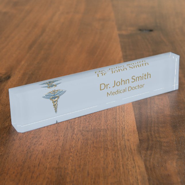 Fine Professional Medical Light Blue Gold Caduceus Nameplate (Side)