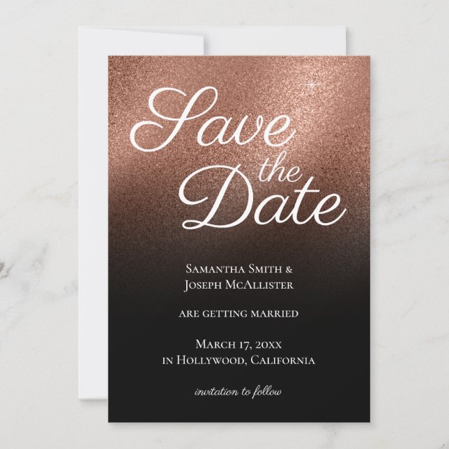 Fine Rose Gold Glitter Black Ombre Save the Date Invitation (Front)