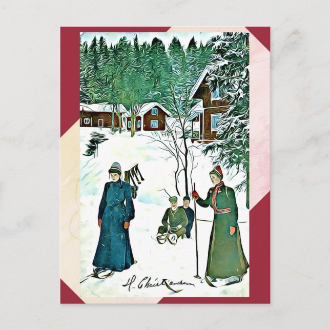 Fineart vintage Winter Scene red/green postcard (Front)