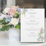 Finely flourished wedding Flat Menu<br><div class="desc">This exquisite wedding menu is adorned with an elegant floral motif featuring delicate roses and hydrangeas nestled among lush green leaves. The classical script and serif fonts further enhance the overall sophistication. It is composed of three sections with a title and a description. Personalize it to make your wedding day...</div>