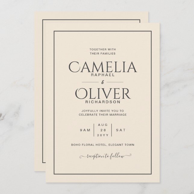 Finest Light Beige Cream MONOCHROME Wedding Invitation (Front/Back)