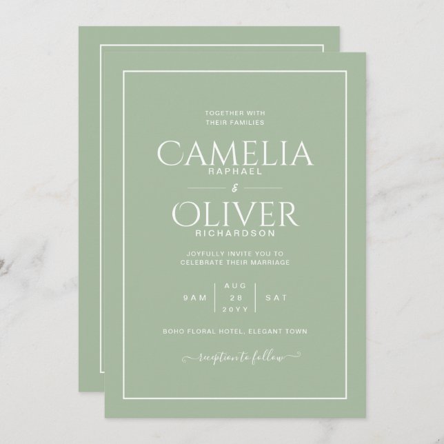 Finest Light Sage Apple Green MONOCHROME Wedding  Invitation (Front/Back)