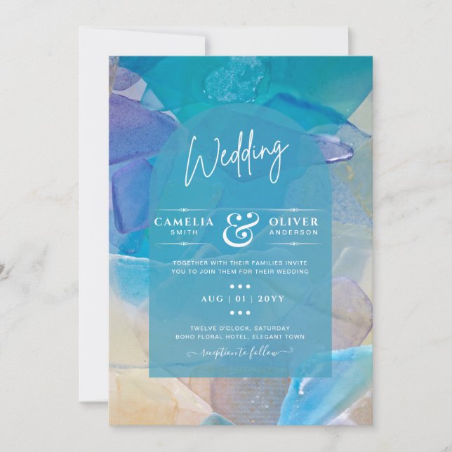 Finest Sea Glass Teal Blue Ocean Beach Sea Wedding Invitation (Front)