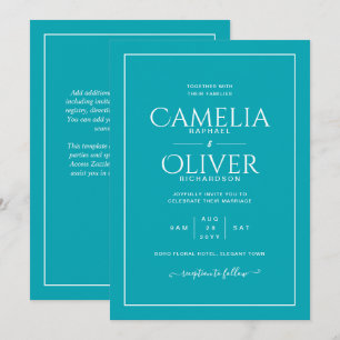 Finest Teal Peacock Blue MONOCHROME Wedding Invitation