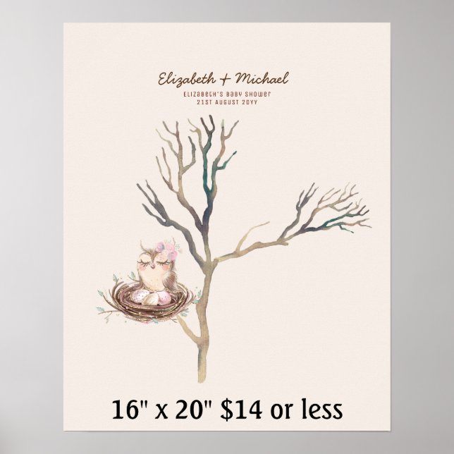 Fingerprint Tree Baby Shower Watercolor Owl Nest Poster (Front)