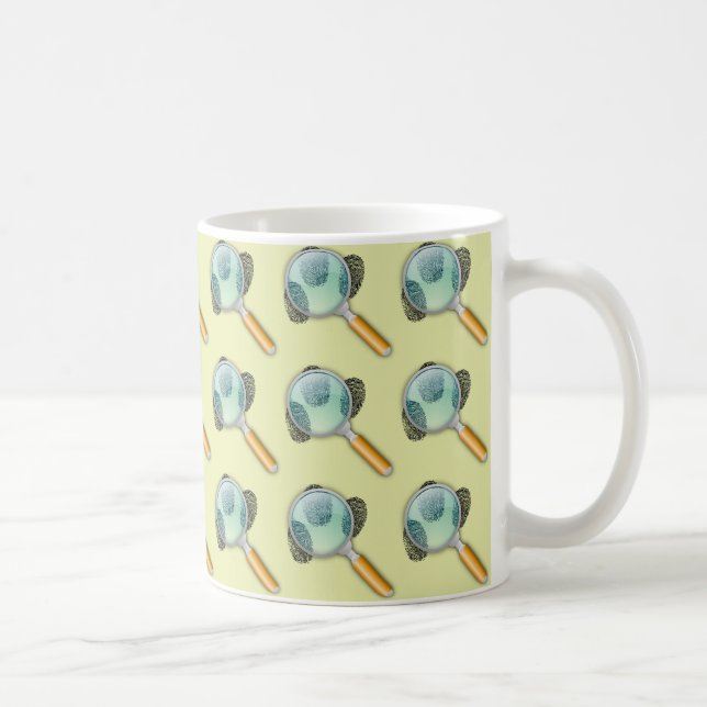 fingerprints and magnifying glass for detective coffee mug (Right)