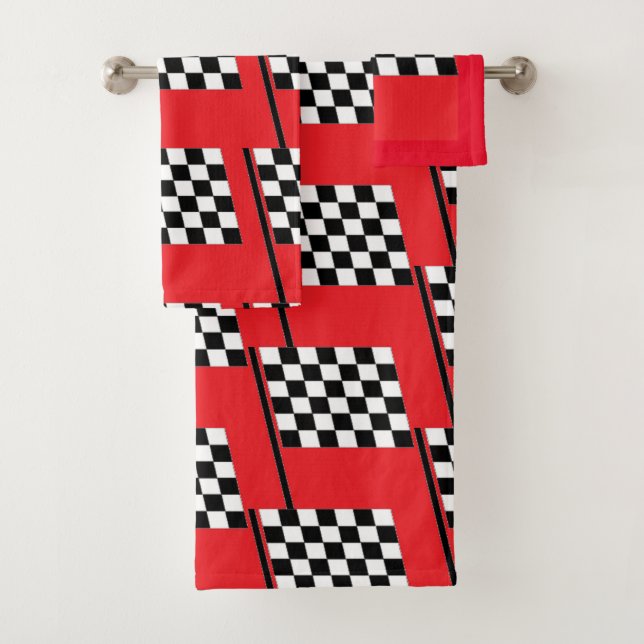 Finish flag on red bath towel set (Insitu)