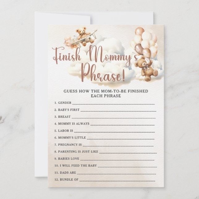 FINISH MOMMY'S PHRASE Baby Shower Game Cute Bear Invitation (Front)