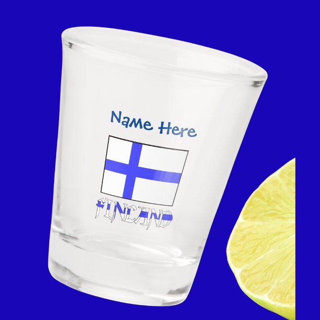 Finland Finnish Flag Blue Personalized  Shot Glass (Shot glass has Finnish Flag and word FINLAND below in flag colors. Add name above in blue text.)